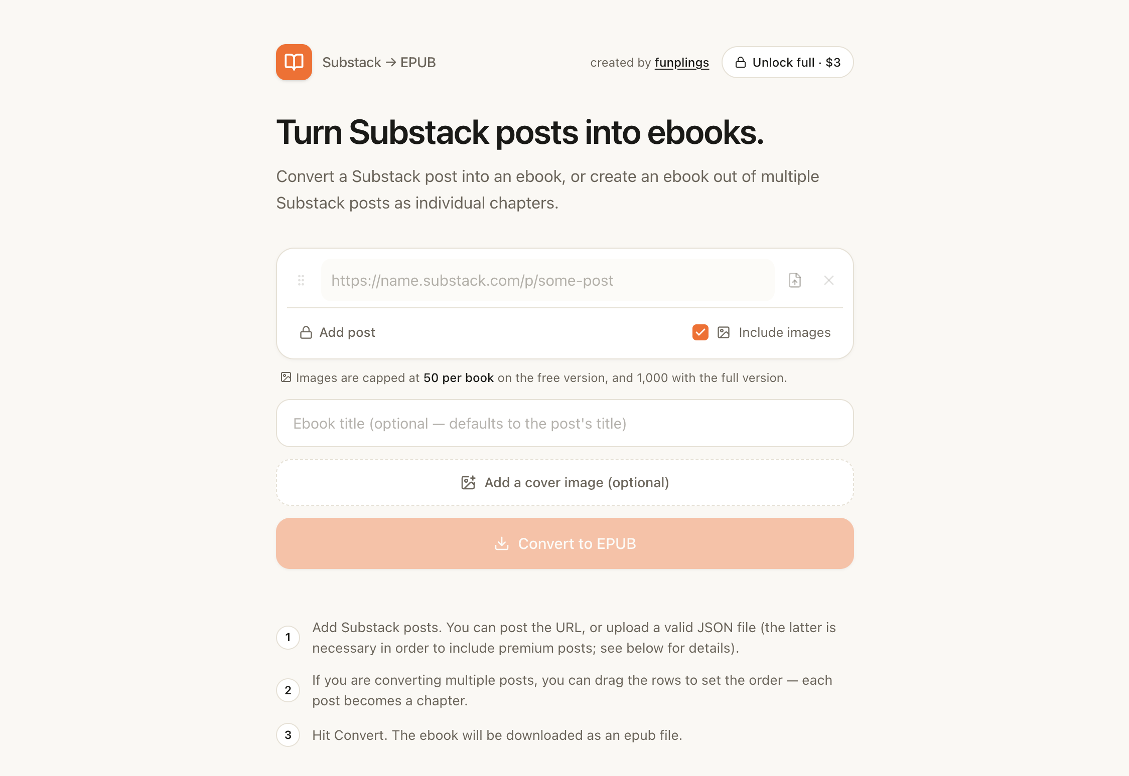 Substack to EPUB converter preview